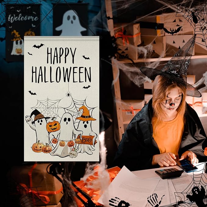 Tegeme 3 Pcs Halloween Door Sign Decoration Happy Halloween Hanging Door Flag Porch Sign Pumpkin Ghost Banner Decor for Home Office Yard Outdoor Indoor Party Supplies