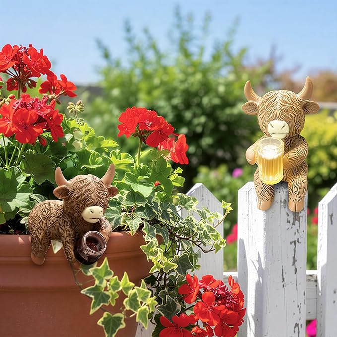 Highland Cow Pot Hugger for Planter - 2Pcs Climbing Animal Flower Pot Climber Resin Statue Art Sculpture Calf Topper Outdoor Plant Decoration for Garden Patio Fence Lawn Yard Housewarming Gift