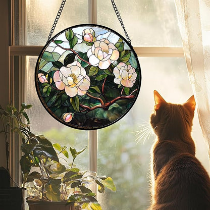 Stained Glass Suncatcher, Light Pink Flowers Green Leaf Sun Catcher Plant Stain Glass Window Hanging Decoration Mother's Day Birthday Gifts for Women Men Mom Nana 7.8 in