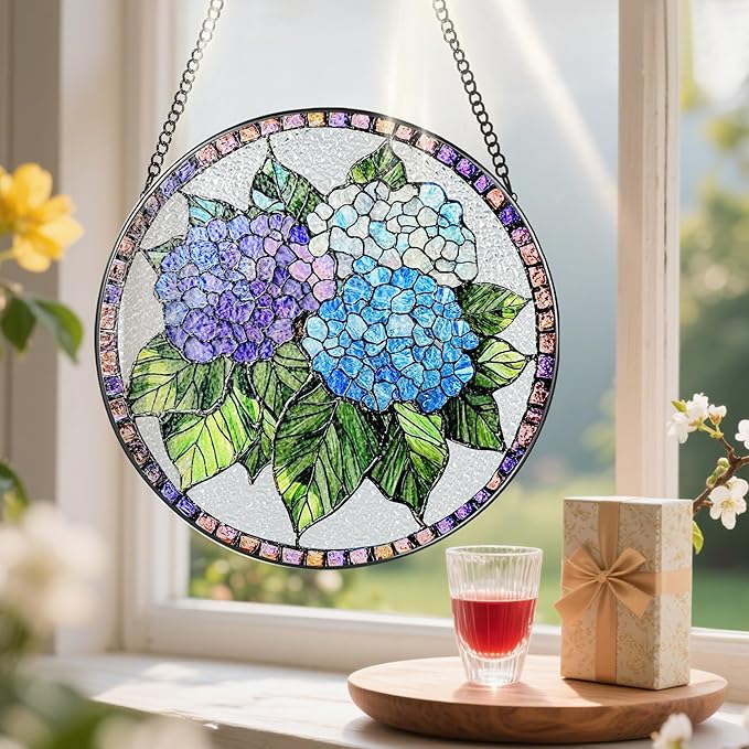 8-Inch Stained Glass Ornament, Stained Glass Window Hanging, Window Hanging Decor Suncatcher, Blue Hydrangea Ornament | Christmas, Mother's Day, Birthday | Gifts for Mom, Garden Gifts for Friends