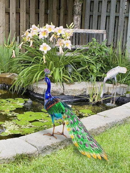 YEAHOME Garden Decor Outdoor Statues, 24.4" Large Metal Peacock Standing Yard Art, Blue Green Bird Lawn Sculptures Garden Decor for Outside Patio Porch Backyard