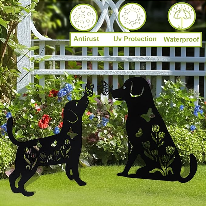 Flohuaer 2PCS Dog Metal Garden Stakes Decorative Labrador Gifts for Women/Men/Dog Lovers Black Animal Silhouette Statues for Outside Yard Art Outdoor Patio Lawn Ornaments Garden Decorations