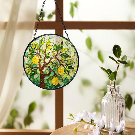 Italian Lemon Kitchen Suncatchers Stained Glass Window Hanging, Lemon Kitchen Decor, Summer Mediterranean Sun Catchers Indoor Window Glass Round Wall Decor, Italian Wall Hanging, 7.9x7.9in