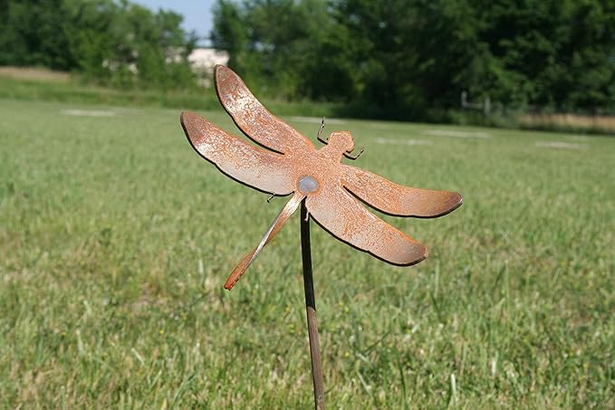 Metal Rustic and Colorful Flower Stakes Ranging from 9.5 to 36 Inches Tall (Daisy, Butterfly and Dragonfly Stake Set, Naturally Rusted)