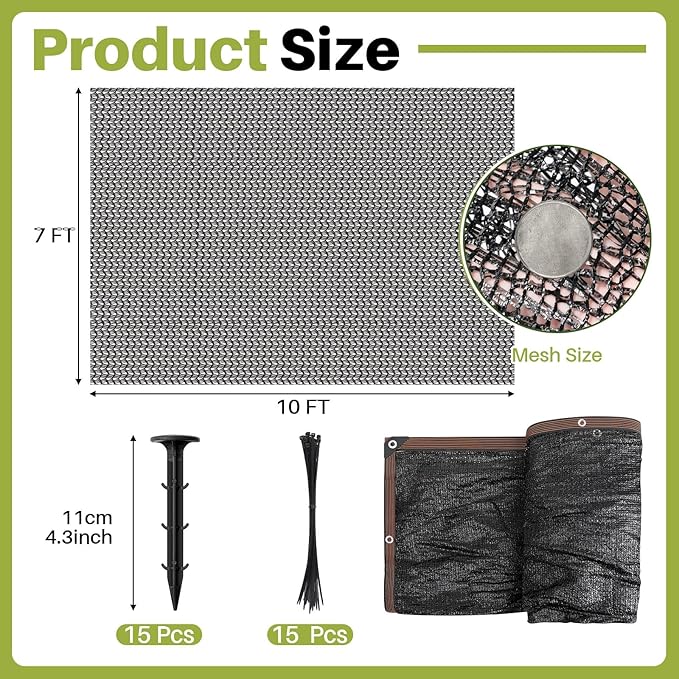 Koi Pond Netting Kit 7 x 10ft, Heavy-Duty Pe, Bird Deer Fence Netting, Durable Net Cover for Leaves, Protect Fish from Blue Heron Bird, Cats & Predators, Stakes & Ties Included