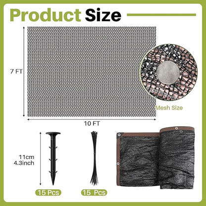 Koi Pond Netting Kit 7 x 10ft, Heavy-Duty Pe, Bird Deer Fence Netting, Durable Net Cover for Leaves, Protect Fish from Blue Heron Bird, Cats & Predators, Stakes & Ties Included
