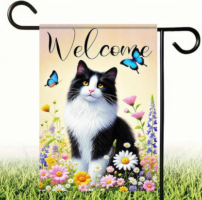 BlissYard Welcome Garden Flag Spring Summer Cat Garden Flag 12x18 Inch Double Sided Flags Black White Cat Floral Butterfly Outdoor Yard Lawn Porch Decor Banner
