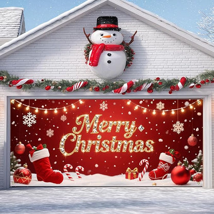 IVN Christmas Garage Door Cover Decoration 13x6ft Red Stockings Candy Canes Snowflakes Ornaments Merry Christmas Winter Garage Door Banner Home Door Front Yard Decor for Xmas Eve Holiday Outdoor