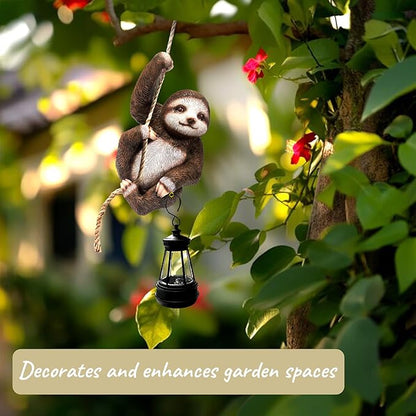 Solar Sloth Hanging Statue with Lantern – Indoor Outdoor Climbing Sloth Decor for Garden Yard Porch Balcony, Cute Animal Yard Art, Housewarming for Mom Grandma Women