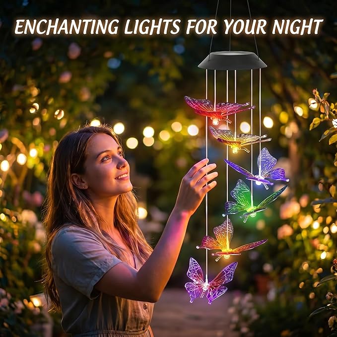 Colorful Solar Butterfly Wind Chimes for Outside Birthday Gifts for Mom Women Changing Waterproof Lights LED Wind Chime Outdoor Decor for Garden Lawn Patio Yard