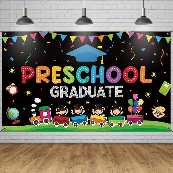 Large Preschool Graduation Party Banner Decorations 72x44 Inch, Kindergarten Graduate Banner Flag Photography Background for Kids Class of 2023 Ceremony Congratulations Grad School Prom Supplies