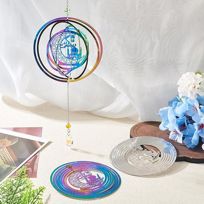 Ramadan Wind Spinners Outdoors Stainless Steel Wind Sculpture Spinner for Garden Outside Hanging Decor Gradient Twisted Winds Chimes for Eid Mubarak Theme Yarn Home Garden Decor 2Pcs
