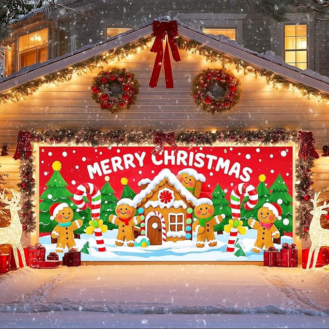 IVN Christmas Garage door banner Gingerbread House Candy Cane Characters Snowy Trees Door Cover Indoor And Outdoor Studio Background Hanging Decoration 13x6ft