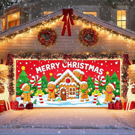 IVN Christmas Garage door banner Gingerbread House Candy Cane Characters Snowy Trees Door Cover Indoor And Outdoor Studio Background Hanging Decoration 13x6ft