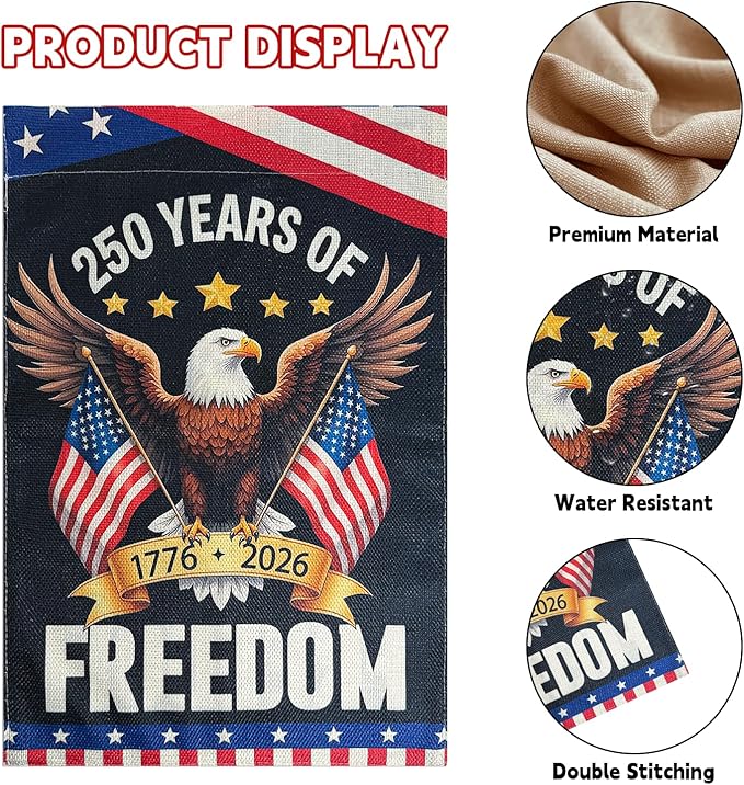 250 Anniversary USA Garden Flags, 250 Year American Anniversary Yard Flags 12x18 Inch Double Sided, Patriotic with Eagle Design Flag 250th Anniversary Decorations for Porch Patio Lawn Garden Decor