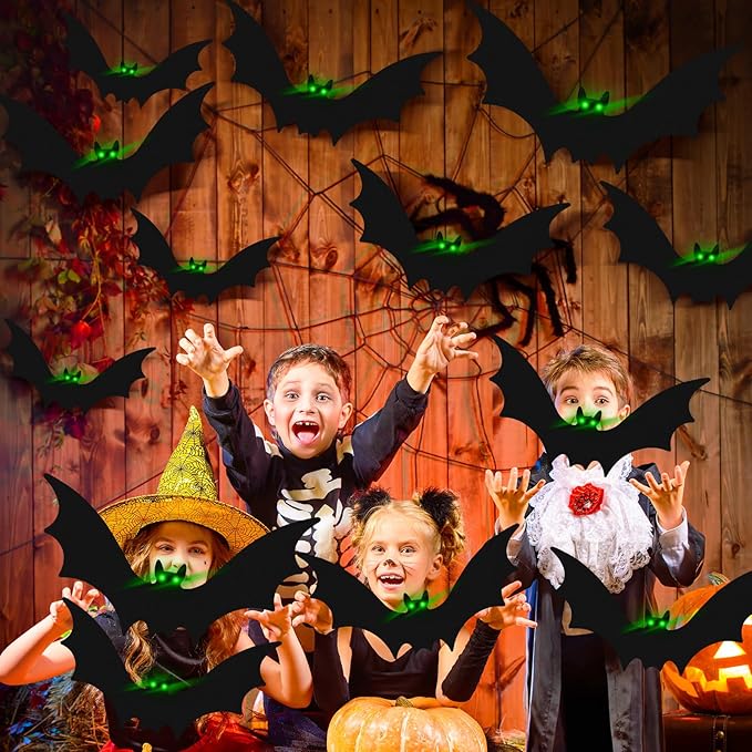 12 Pcs Hanging Bats with Lights Halloween Decoration Outside Pumpkin Skeleton Spider Outdoor Lawn Decorations 3 Size Realistic Ghost for The Tree Porch Yard Lawn Indoor(Bat)