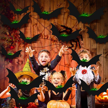 12 Pcs Hanging Bats with Lights Halloween Decoration Outside Pumpkin Skeleton Spider Outdoor Lawn Decorations 3 Size Realistic Ghost for The Tree Porch Yard Lawn Indoor(Bat)