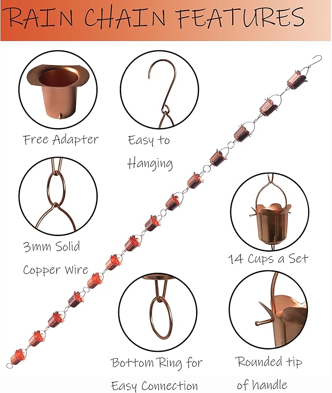 Rain Chains - Pure Copper Tulip Rain Chains for Downspouts. 8.5 Feet Length. Free Gutter Adapter. Windchime and Fountains on Rainy Days.