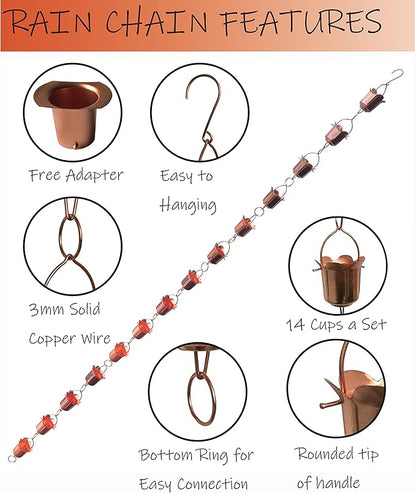 Rain Chains - Pure Copper Tulip Rain Chains for Downspouts. 8.5 Feet Length. Free Gutter Adapter. Windchime and Fountains on Rainy Days.