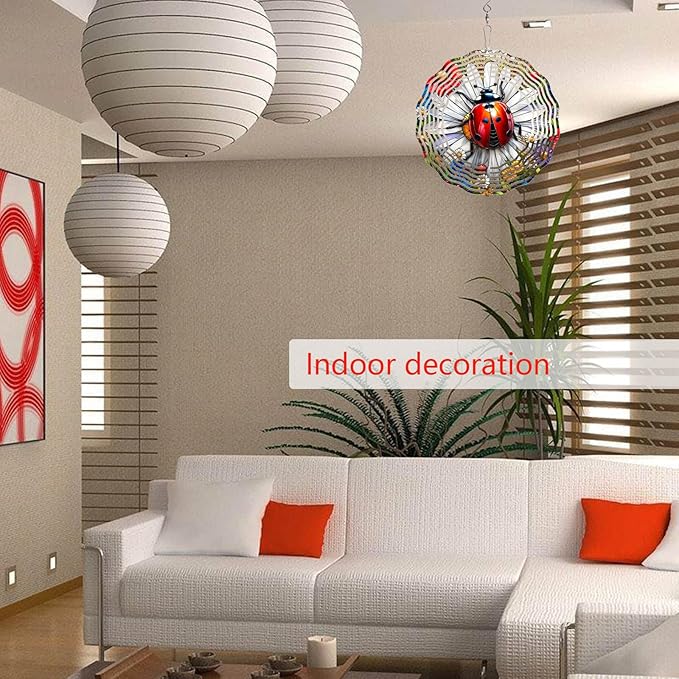 Ladybug Wind Spinner 3D for Outdoor Decor, Stainless Steel Hanging Wind Spinner, Kinetic Art 10 inch Ornament Spinner for Garden Decoration