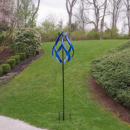 Large 3D Ice Blue Fire Flame Wind Spinner – Metal Kinetic Sculpture for Outdoor Garden, Yard & Patio – Decorative Spinning Art, Wind Catcher Chaser Spinner, Lawn Ornament, Motion Decor – 19" W X 90" H