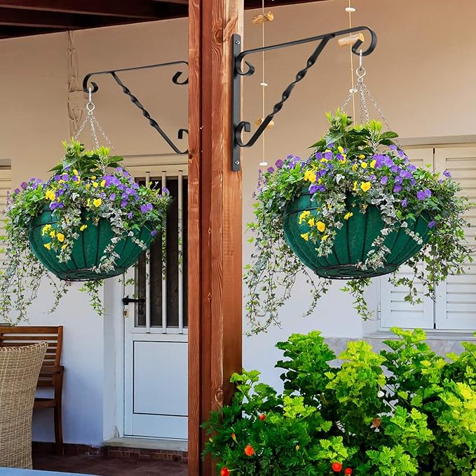 AMAGABELI GARDEN & HOME 2 Pack Hanging Plant Brackets Outdoor 12" Metal Fence Wall Plant Hanger Hooks for Hanging Flower Baskets Bird Feeders Lanterns Wind Chimes Rust-Resistant Black