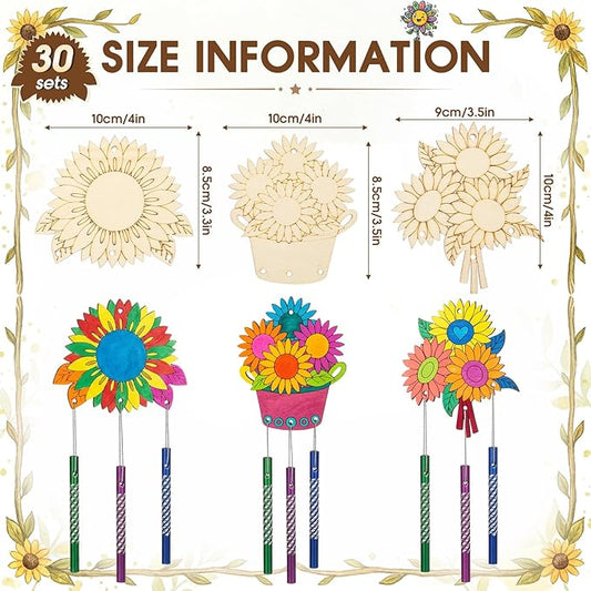 Leinuosen 30 Pcs Wind Chime Kit Sunflower Wooden Wind Chimes Decorative Sunflower Windchimes Hanging Dragonfly DIY Crafts for Indoor Outdoor Garden Home Patio Party Crafts Decorations