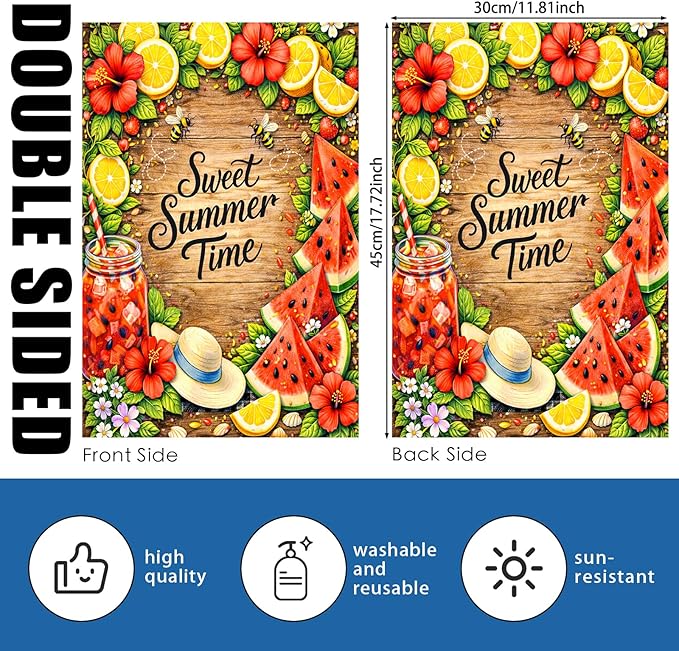 Nuxovilar Summer Garden Flag Sweet Summer Time Lemon Watermelon Flower Pattern Polyester 12x18 Inches Garden Flags for Outside Seasonal Decor Yard Porch Lawn