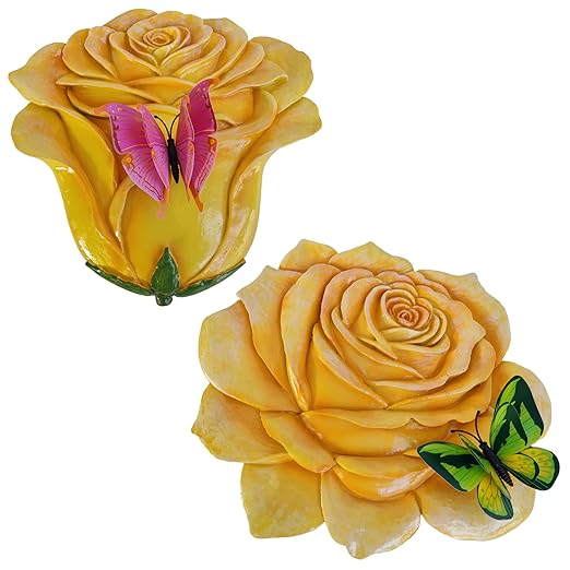 Garden Stepping Stones Outdoor Walkway – Resin Rose Flower Pavers for Path, Lawn & Backyard – Round Decorative Yard Art Decor, Friendship giveaways – Set of 2, Yellow