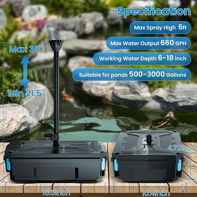 NFESOLAR All-in-one Pond Filter Fountain Kit, 660 GPH Submersible Water Pump with 3-Layer Filtration, UV Clarifier for Outdoor Ponds Up to 2000 Gallon, Fish Tank, Pool, Garden Waterscape N2390