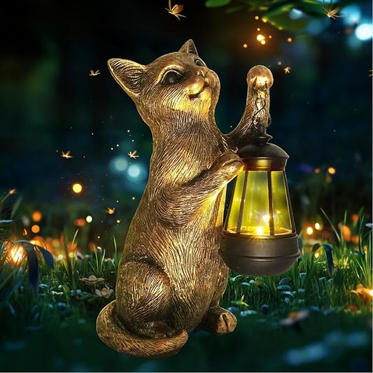 HONGLAND Cat Outdoor Statues Garden Decor, Cat Figurines Solar Lantern Lights, Birthday Gifts for Mom, Front Patio Balcony Yard Art Lawn Ornaments Porch Outdoor Decorations