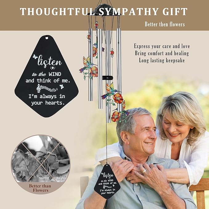 YU FENG Memorial Wind Chime with Crystals for Outdoor Garden Decor – Colorful Hummingbird with Memorial Tag, 34 Inch