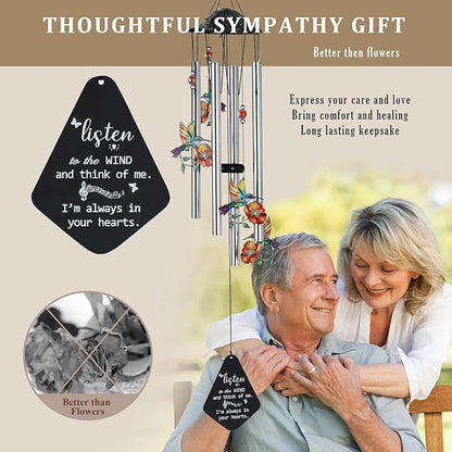 YU FENG Memorial Wind Chime with Crystals for Outdoor Garden Decor – Colorful Hummingbird with Memorial Tag, 34 Inch