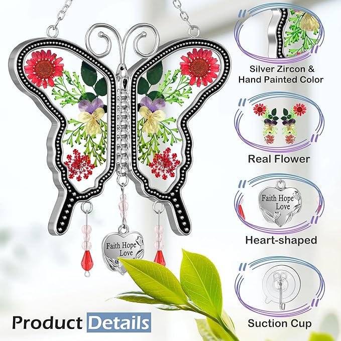 KY&BOSAM Suncatcher Butterfly Stained Glass FHL Butterfly Suncatchers Ornament hangings for Windows Wind Chime with Pressed Flower Butterfly Embedded in Glass Mother`s Day Birthdays