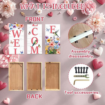 Hummingbird Welcome Sign for Front Door, Spring Porch Sign Tulip Flowers Outdoor Yard Sign Seasonal Tall Floral Welcome Porch Sign Wildflowers Wood Door Sign for Garden Patio Wall Home Decor