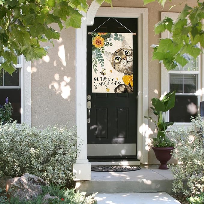 Summer Cat House Flags for Outdoor,Be The Sunshine Cat with Sunflowers Yard Flags for Outside,Spring Seasonal Decorative Flag for Farmhouse Holiday Decoration 28x40 Inch Double Sided
