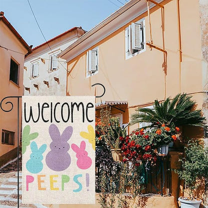 1 Pcs Welcome Garden Flag Colorful Bunny Garden Flags for Outside 12x18 Inch Double Sided Spring Garden Flag Cute Rabbit Yard Flags Seasonal Garden Decorations