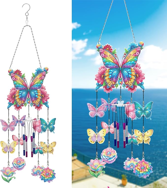 DIY Wind Chime Pendant Spring 3D Diamond Art Painting Hanging Ornament Double Sided Diamond Suncatchers for Window Home Backyard Garden Wall Door Decor (Butterfly03)