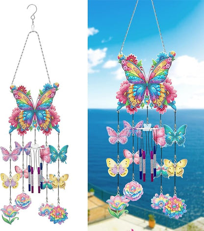 DIY Wind Chime Pendant Spring 3D Diamond Art Painting Hanging Ornament Double Sided Diamond Suncatchers for Window Home Backyard Garden Wall Door Decor (Butterfly03)