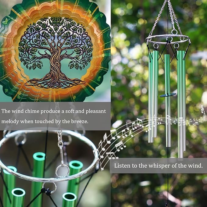 Wind Chimes with Tree of Life 3D display Wind Spinner for Outside Garden Patio Yard Decor, Metal Decorative Windchime Outdoor Hanging Gift for Mom Women Grandma Wife, for Christmas, Birthday