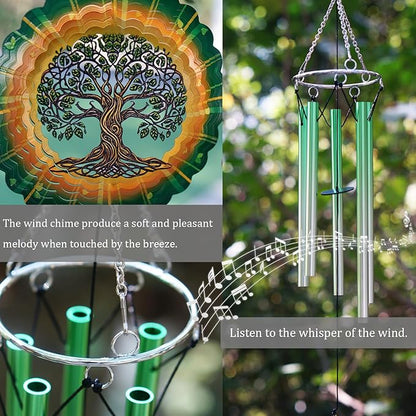 Wind Chimes with Tree of Life 3D display Wind Spinner for Outside Garden Patio Yard Decor, Metal Decorative Windchime Outdoor Hanging Gift for Mom Women Grandma Wife, for Christmas, Birthday