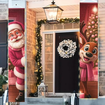 BlissYard Christmas Porch Banners 12x71 Inch Merry Christmas Banner Snowflakes Reindeer Pink Santa Door Cover Winter Holiday Banner Xmas Door Decor Welcome Hanging Signs for Front Door Porch Outdoor Home Party Decorations