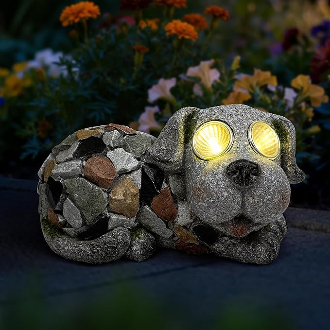 Outdoor Garden Decor Solar Dog Statue & Sculpture, Cute Dog Garden Statue, Solar Yard Decorations for Lawn Patio Front, Stone Resin Figurine ldeal Gift for Mom