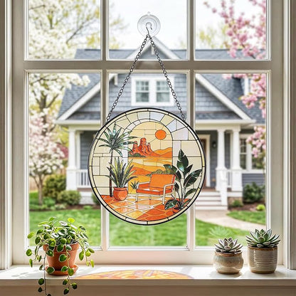 Hanging Stained Glass for Windows,20cm/7.87inch Desert Sunset Stained Glass Suncatcher with Chain Garden Diamond Glass Panel Hangings Decoration for Home Decor Gifts for Family Friends Colleagues