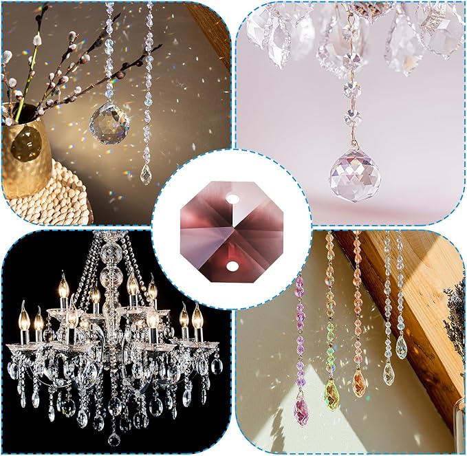 PATIKIL K9 Crystal Octagon Beads 2 Holes Pendants, 60 Pack 14mm Chandelier Prisms Parts Ornaments Hanging Beads for DIY Arts Crafts Decoration, Purple