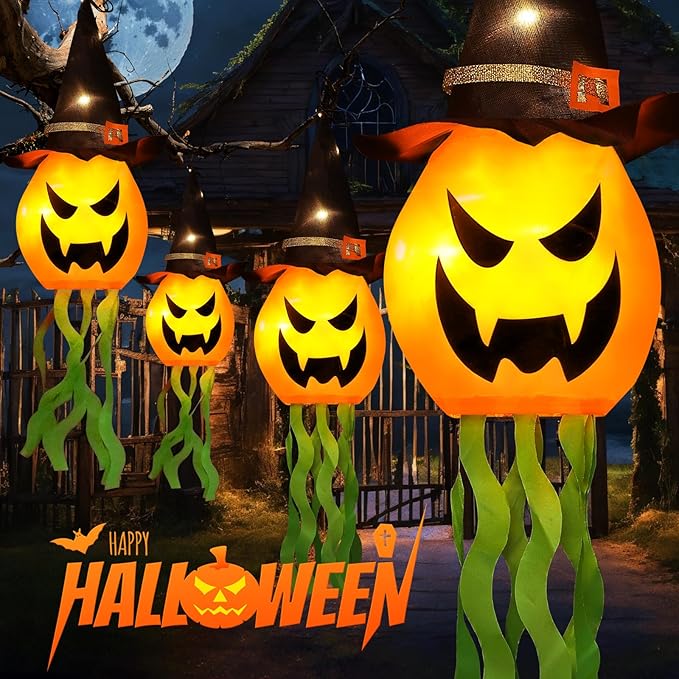 Cuorung Halloween Decorations Outdoor Decor Hanging Lighted Glowing Pumpkin Witch Hat with 3 Modes Lighted Up Scary Orange Halloween Decorations for Indoor Outside Party Yard Tree Garden (4Pcs)