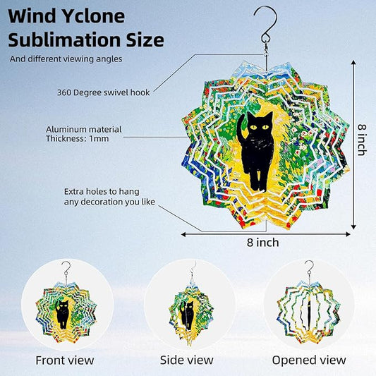 8 Inch Sublimation Wind Spinner, 3D Aluminum Metal Wind Spinner with Hook, Indoor Yard Garden Hanging Decoration, Weather Resistant Rotating Spiral Ornament, Black Cat in Flowers