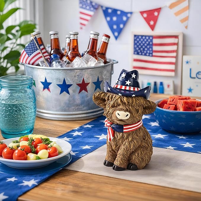 TISEJOY 8" 4th of July Decorations Outdoor Highland Cow Statue for Memorial Day, Highland Cow Decor,Patriotic Decorations for Home Decor, Stars and Stripes Highland Cow Figurines for Desk Garden