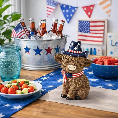 TISEJOY 8" 4th of July Decorations Outdoor Highland Cow Statue for Memorial Day, Highland Cow Decor,Patriotic Decorations for Home Decor, Stars and Stripes Highland Cow Figurines for Desk Garden