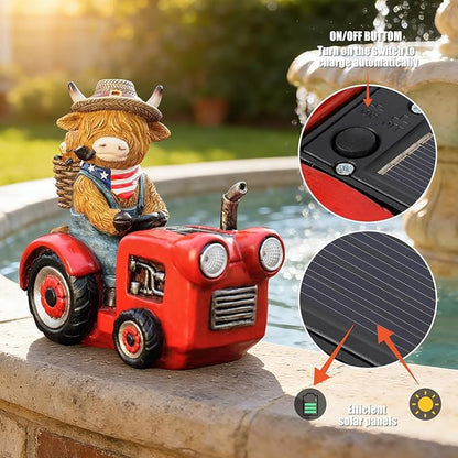 Groundhog Welcome Garden Statue with Solar Headlamp – Funny Animal Outdoor Yard Decor with LED Light and Butterfly – Waterproof Resin Garden Ornament for Patio, Lawn, Pathway (Tractor Cow)
